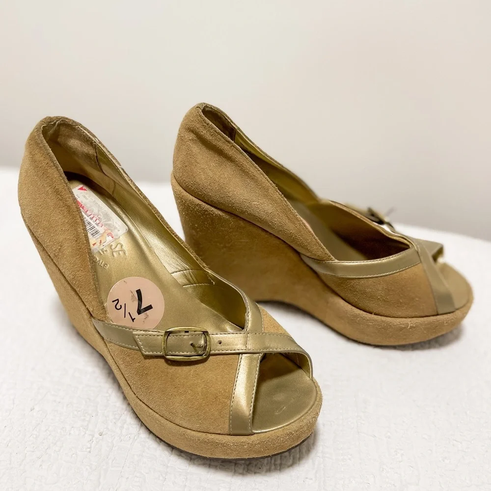 Kork-Ease Tan Suede Wedge Sandals with Metallic Accent
